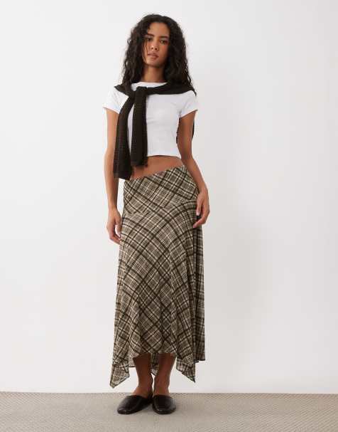 Mango handkerchief hem midaxi skirt in brown plaid print - view 1