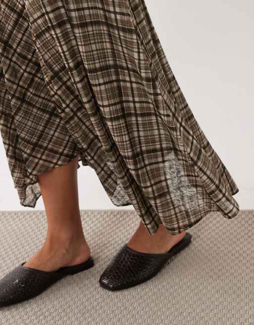 Mango handkerchief hem midaxi skirt in brown plaid print, 4 of 5