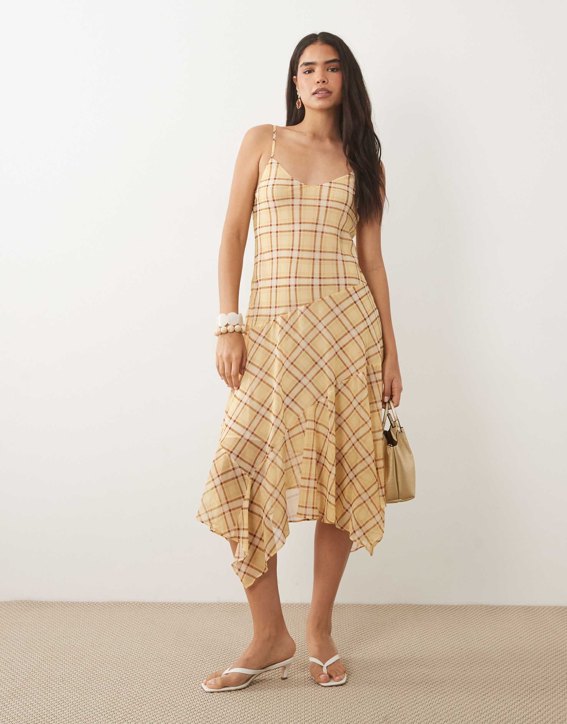 mango handkerchief hem strappy midi dress in yellow plaid print