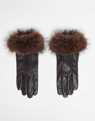 Mango - Handschuhe aus 100% Leder in Dunkelbraun mit Kunstpelzbesatz-Brown