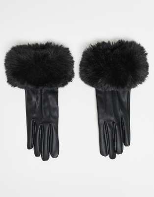 Mango - Handschuhe in Schwarz aus Kunstleder mit Kunstpelzbesatz