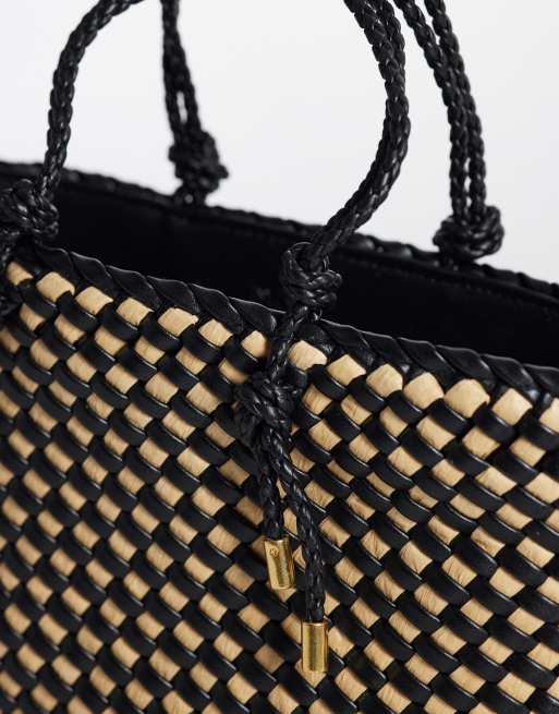 Mango – Handtasche aus gewebtem Bast in Schwarz mit Kontrastdesign, 3 von 4