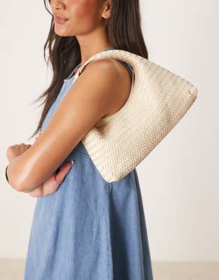 Mango - Handtasche aus Leder in neutralem Farbton mit Webmuster