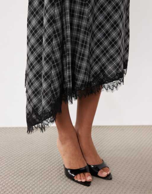 Mango hanky hem midi skirt in black check print, 4 of 5