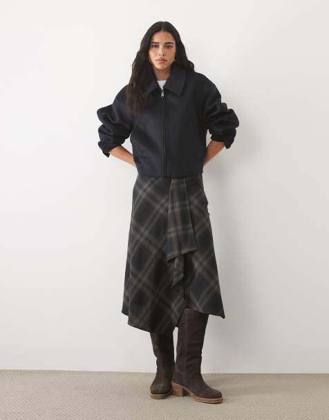 Mango hanky hem midi skirt in grey & navy check - view 1