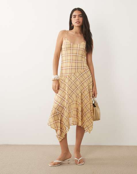 Mango hanky hem strappy maxi dress in yellow check print - view 1