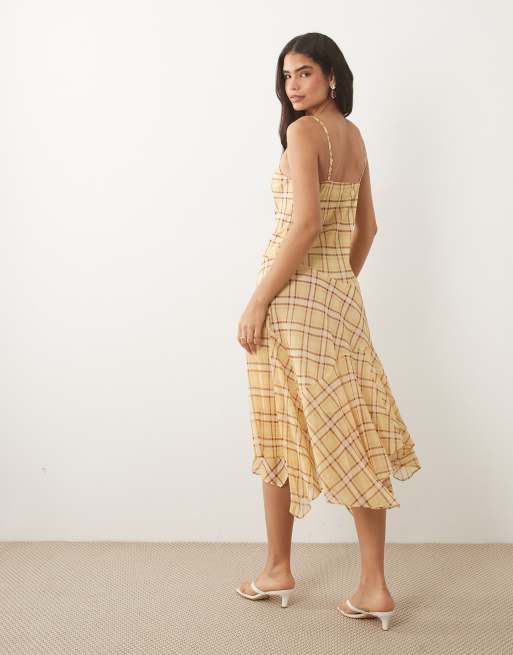 Mango hanky hem strappy maxi dress in yellow check print, 2 of 4