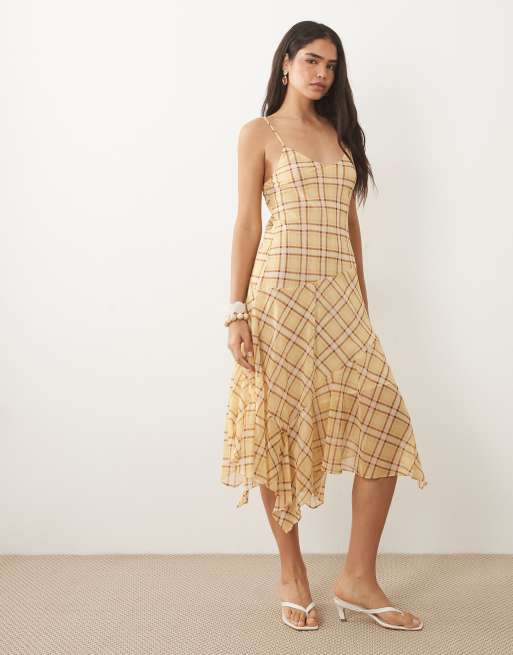 Mango hanky hem strappy maxi dress in yellow check print, 4 of 4