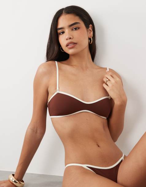 Mango - Haut de bikini à bordure blanche - Marron - view 1