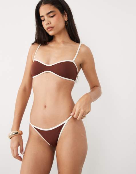 Mango - Haut et bas de bikini à bords blancs - Marron - view 1