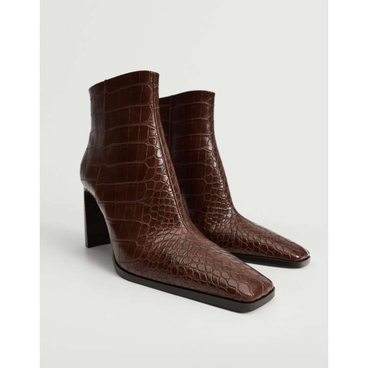 Mango heeled ankle boots with square toe in brown croc