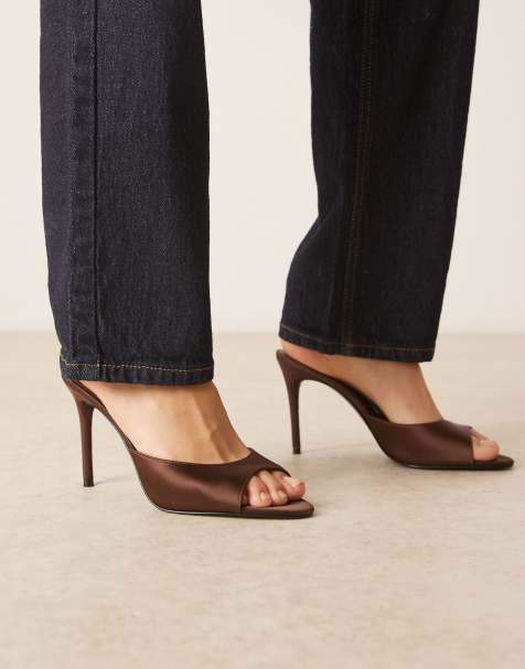 Mango heeled mule in chocolate satin - view 1