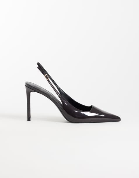 Mango heeled slingback court shoe in black patent - view 1