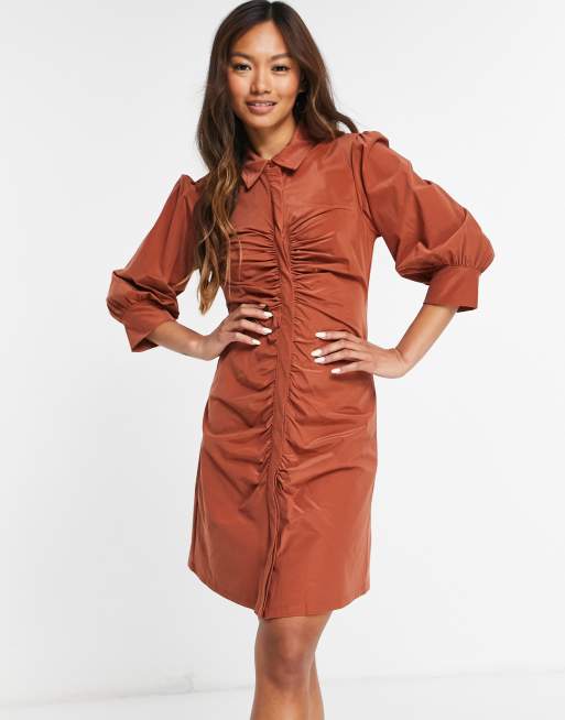 Mango – Hemdkleid in Braun mit geraffter Vorderseite