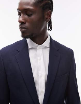Mango Herringbone Blazer In Navy