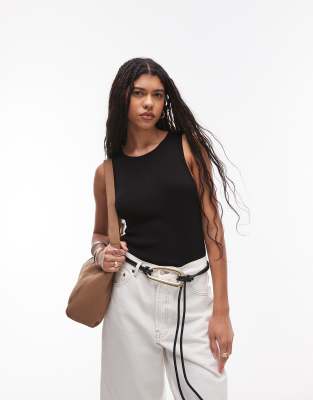 mango high crew neck tank top in black