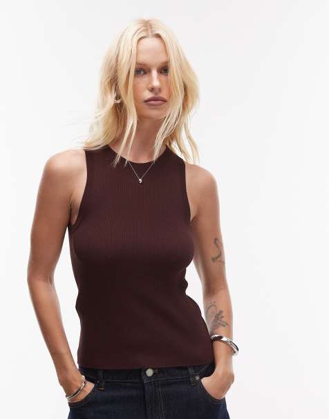 Mango high crew neck tank top in chocolate - view 1