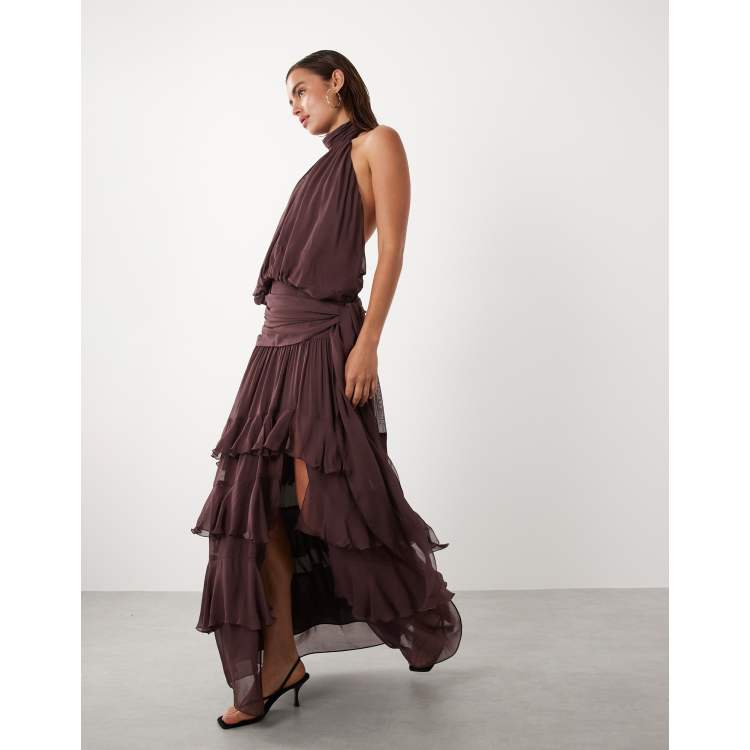 mango ruffle maxi dress Mango high neck backless ruffle maxi dress in brown
