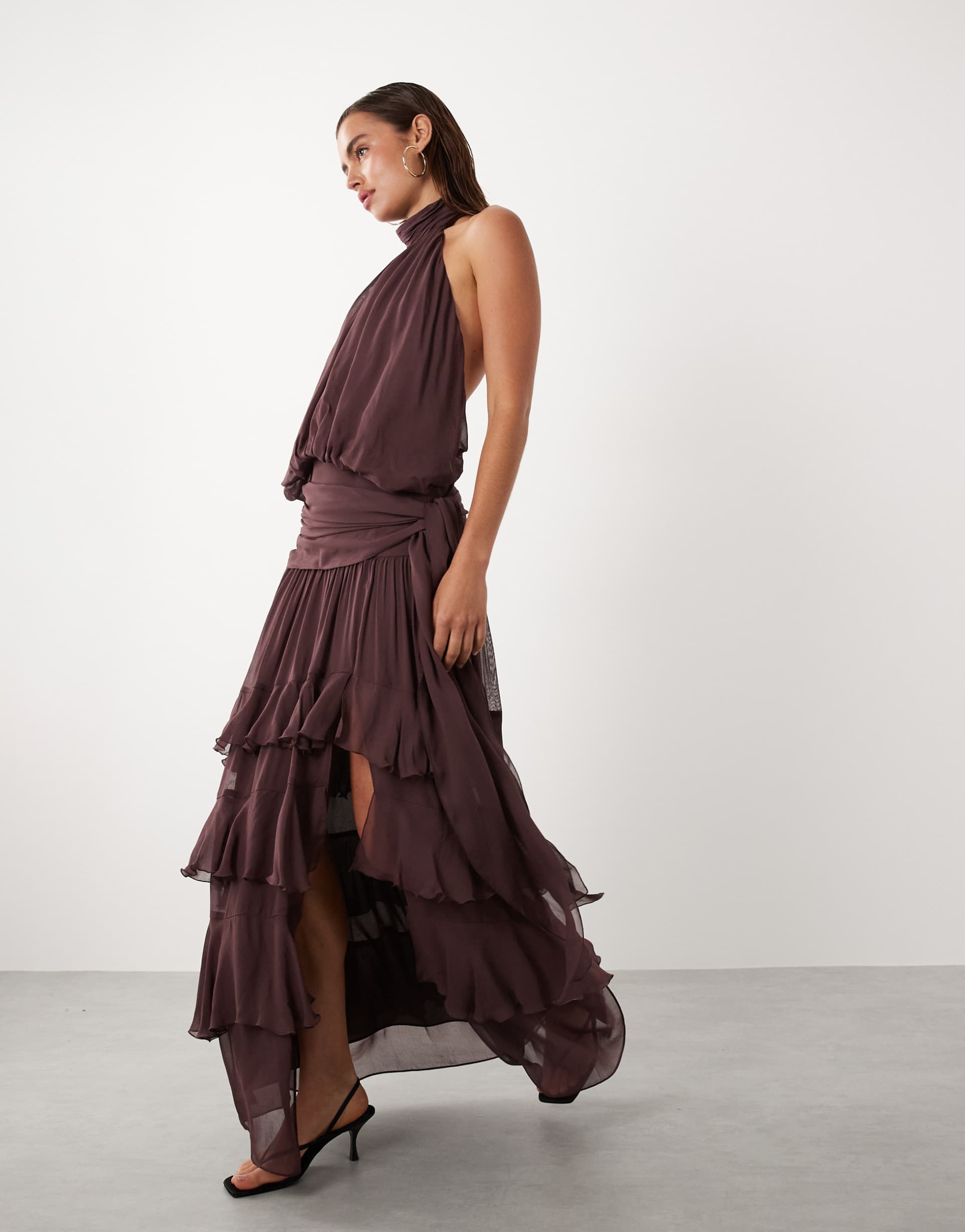 mango high neck backless ruffle maxi dress in brown