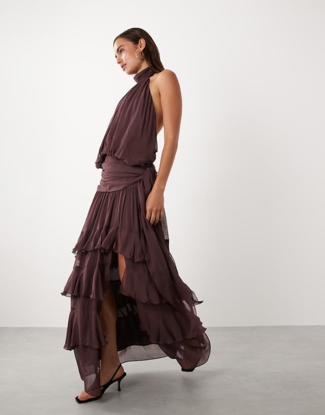 Mango high neck backless ruffle maxi dress in brown