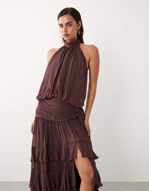 Mango high neck backless ruffle maxi dress in brown, 2 of 4