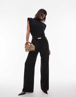 high neck belted jumpsuit in black