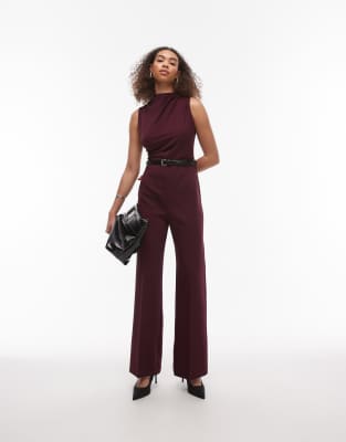 high neck belted jumpsuit in red-Black