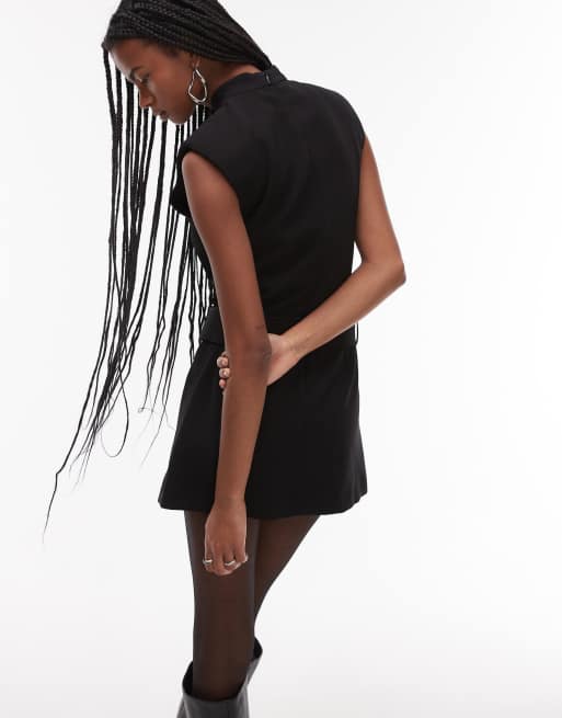 Mango high neck belted mini dress in black