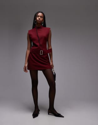 Mango high neck belted mini dress in dark red