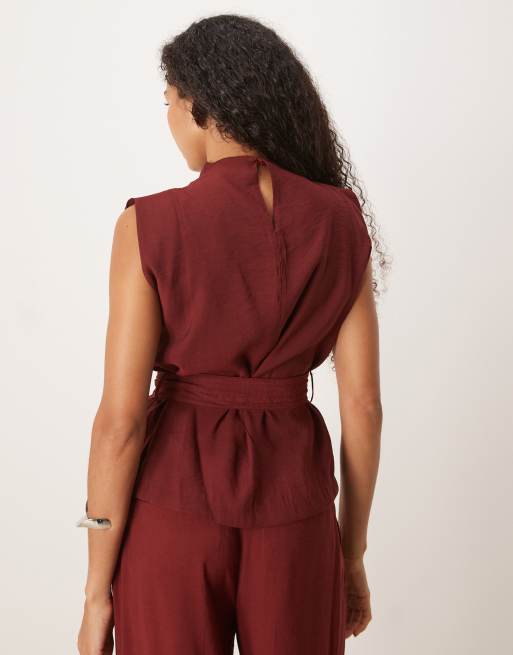 Mango high neck belted sleeveless top co-ord in red, 4 of 4