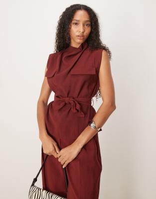 Mango High Neck Belted Sleeveless Top In Red