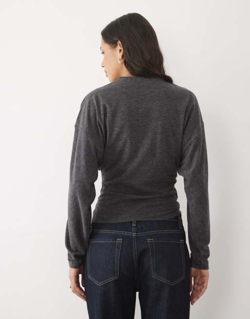 Mango high neck button detail knitted top in charcoal, 3 of 4