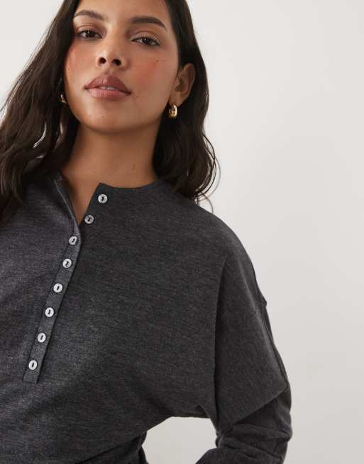 Mango high neck button detail knitted top in charcoal, 4 of 4