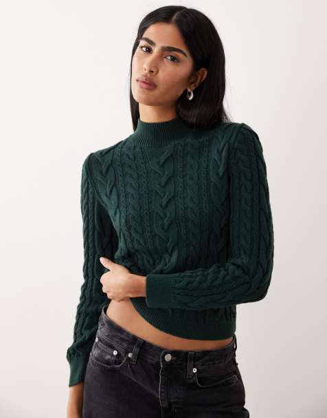 Mango high neck cable knit jumper in dark green - view 1