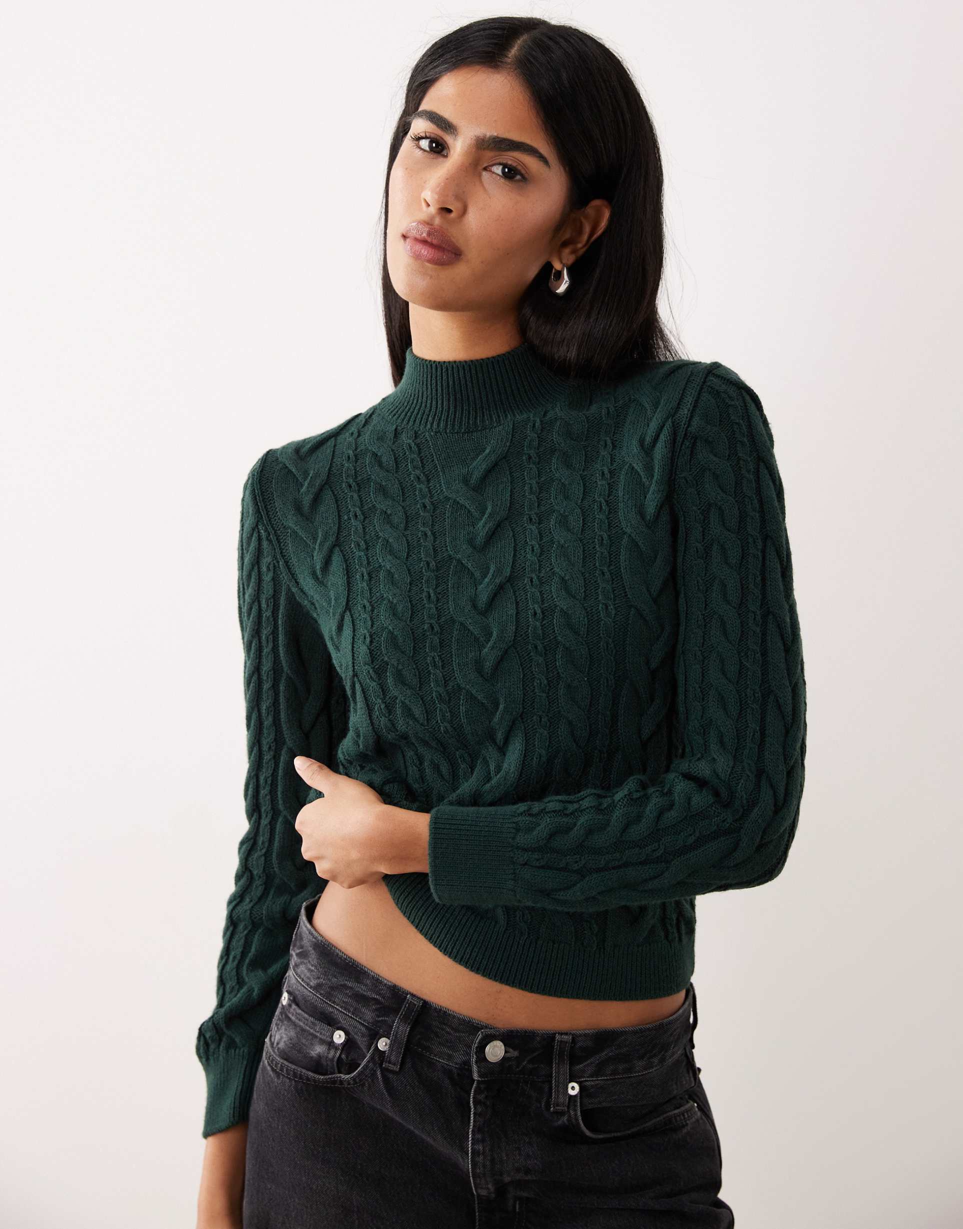 mango high neck cable knit sweater in dark green