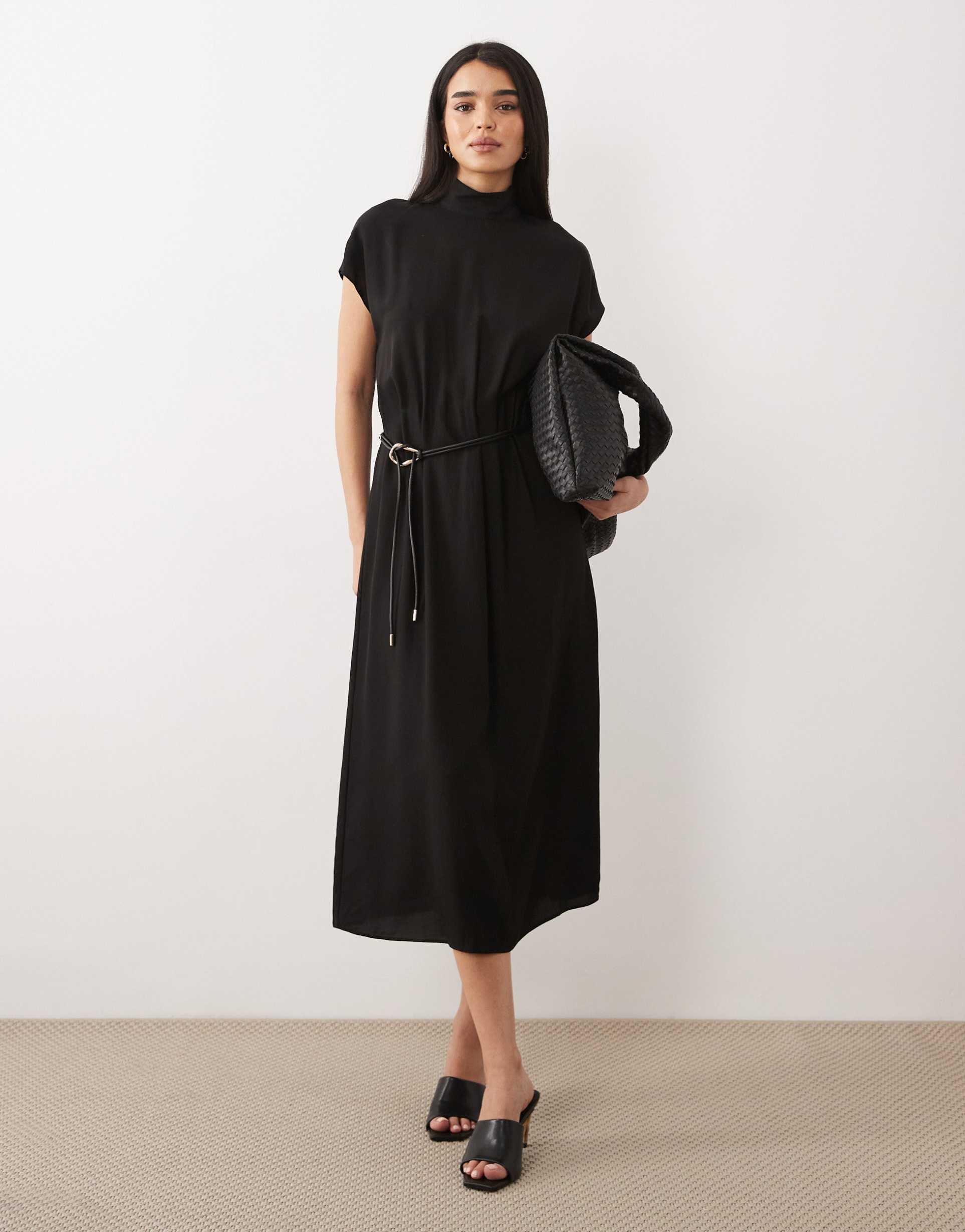 mango high neck cap sleeve belted midi dress in black