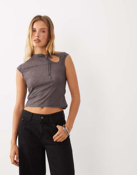 Mango high neck cap sleeve tie neck top in grey  - view 1