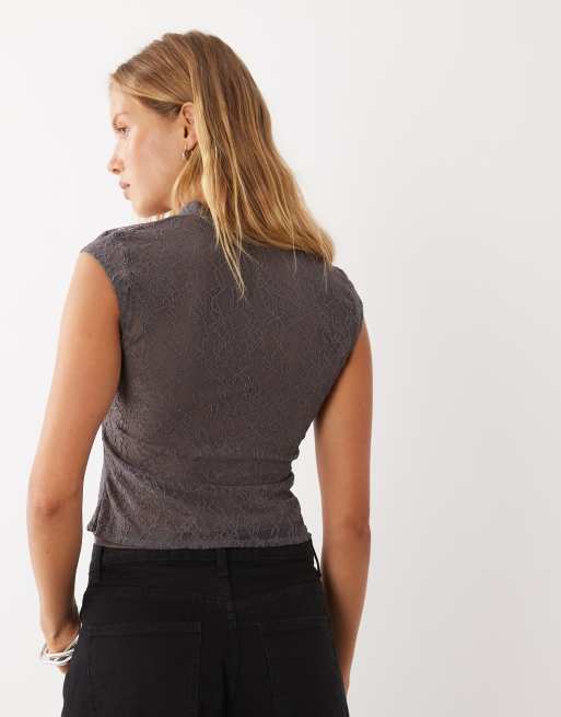 Mango high neck cap sleeve tie neck top in grey , 4 of 4