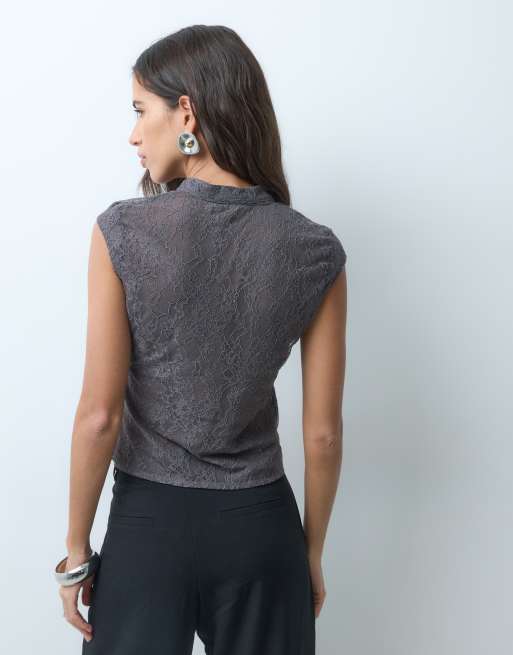 Mango high neck cap sleeve tie neck top in grey , 5 of 5