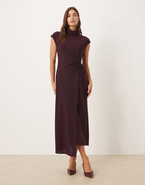 Mango high neck cap sleeve tie waist maxi dress in berry - view 1