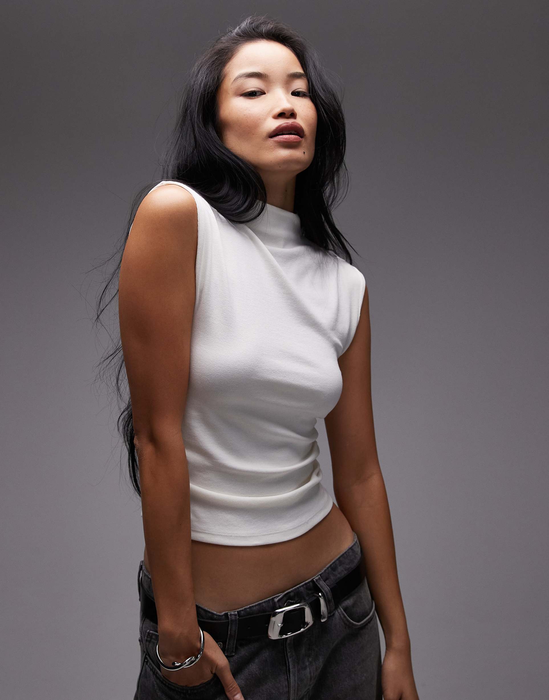 mango high neck cap sleeve top in white