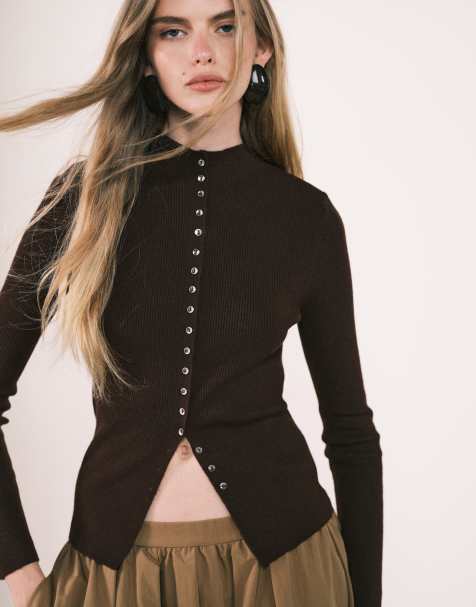 Mango high neck cardigan in brown - view 1