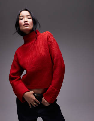 high neck chunky sweater in red