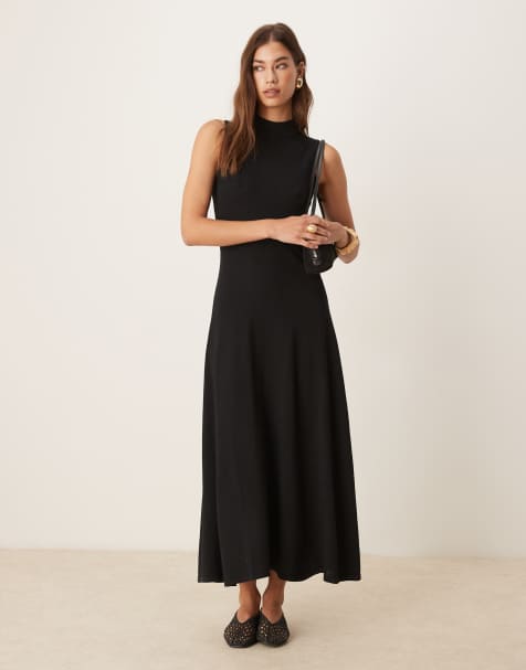 Mango high neck compact knit midi dress with pleat hem in black - view 1
