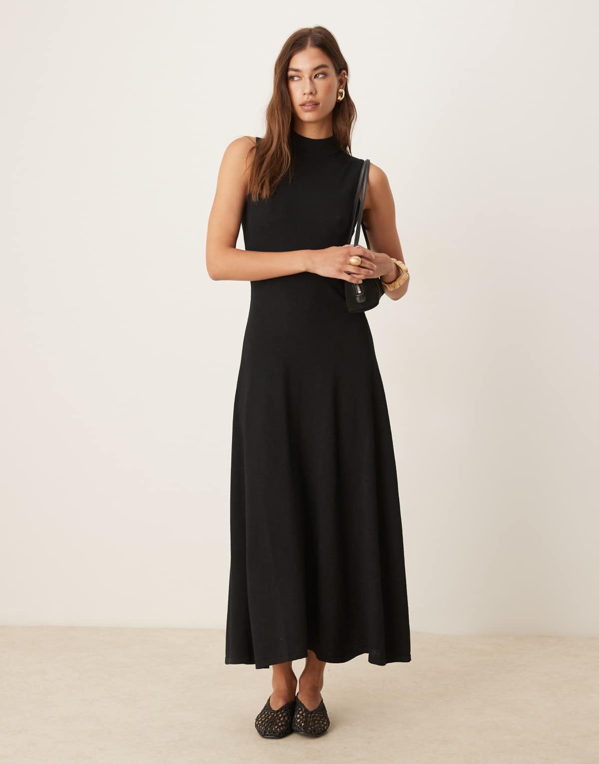 Mango high neck compact knit midi dress with pleat hem in black