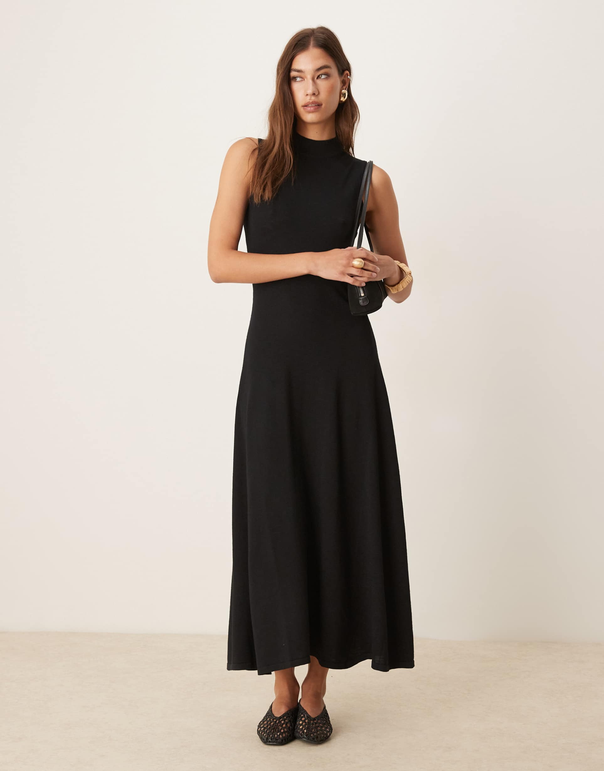 mango high neck compact knit midi dress with pleat hem in black