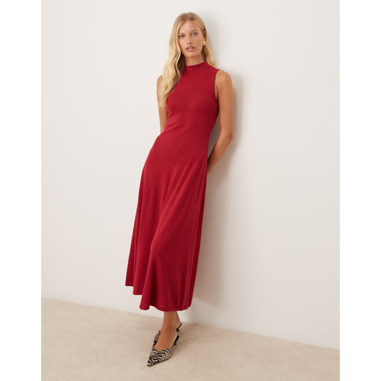 Mango high neck compated knit midi dress with pleat hem in cherry red | ASOS