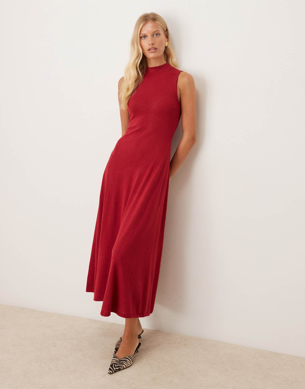 Mango high neck compated knit midi dress with pleat hem in cherry red