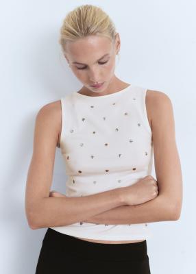 Mango High Neck Cotton Mix Sleeveless Top With Studs In White