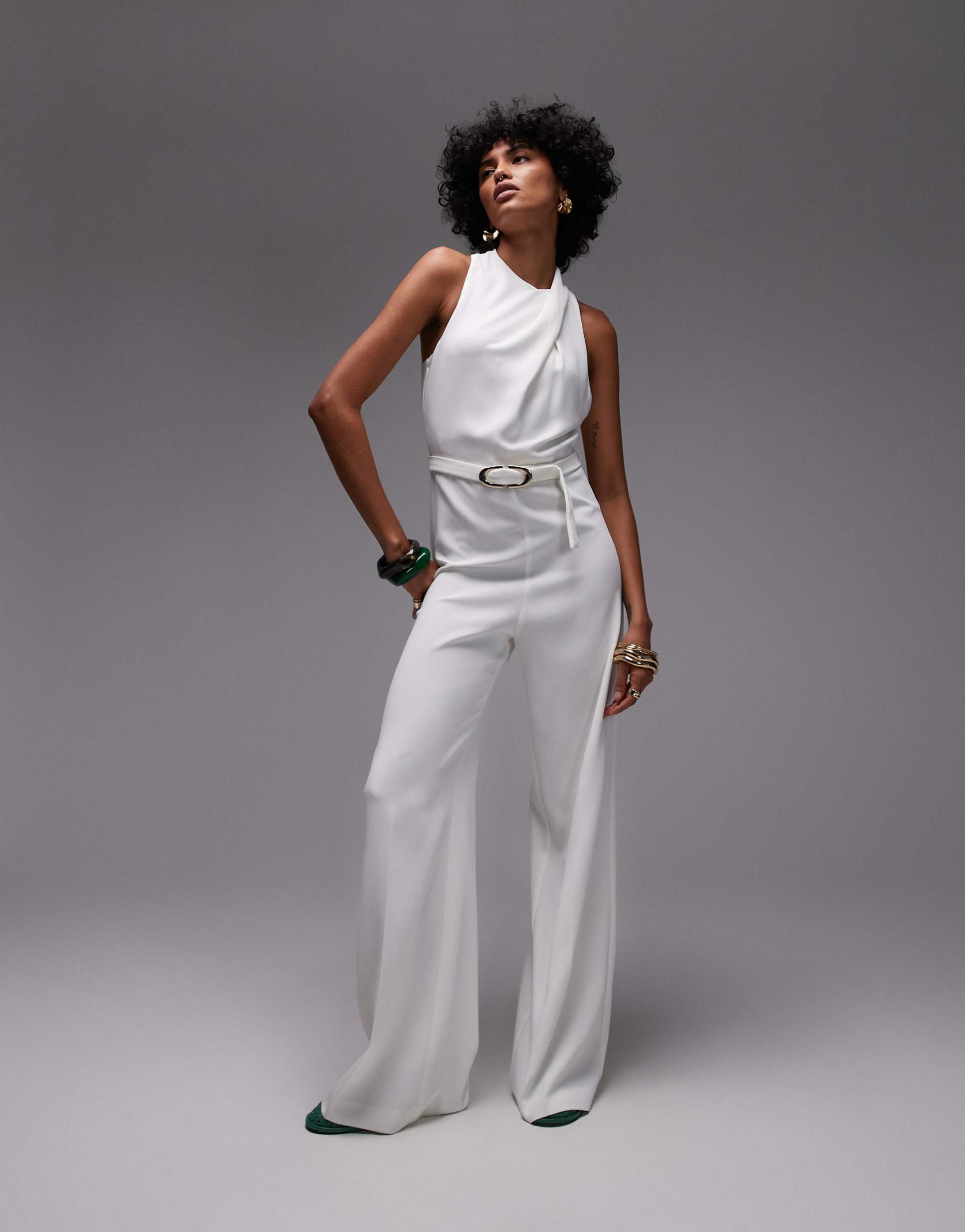 mango high neck draped jumpsuit with gold belt in off white